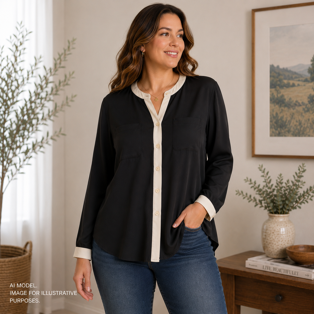 Soft Surroundings Shirt Women Medium Black Off White All Silk Flowy Button Front